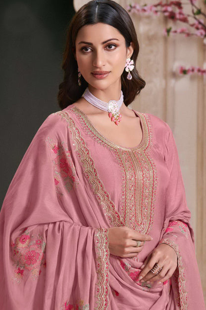 Pink Anarkali Long Gown Georgette Embroidery Worked With Dupatta For Her