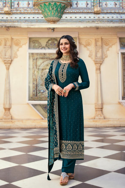 Teal green pant kameez front view embroidery detail