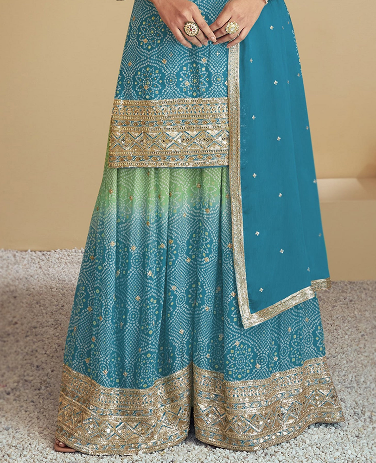 Teal Designer Embroidery Work Palazzo Suit