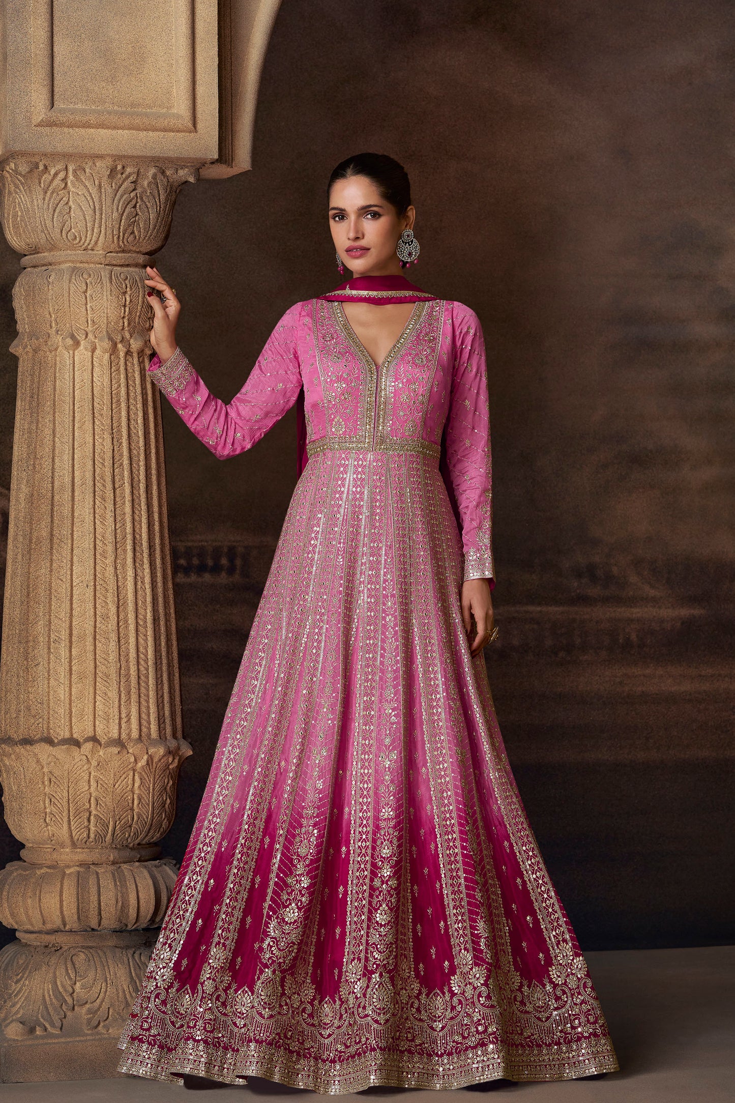 Designer Pink Anarkali Heavy Embroidery Worked Real Georgette Dupatta Suits 