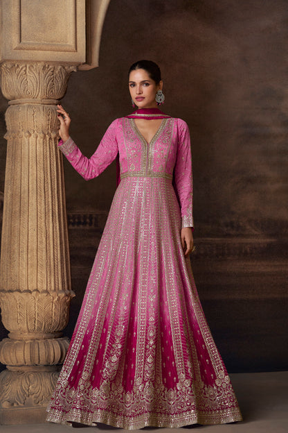 Designer Pink Anarkali Heavy Embroidery Worked Real Georgette Dupatta Suits 