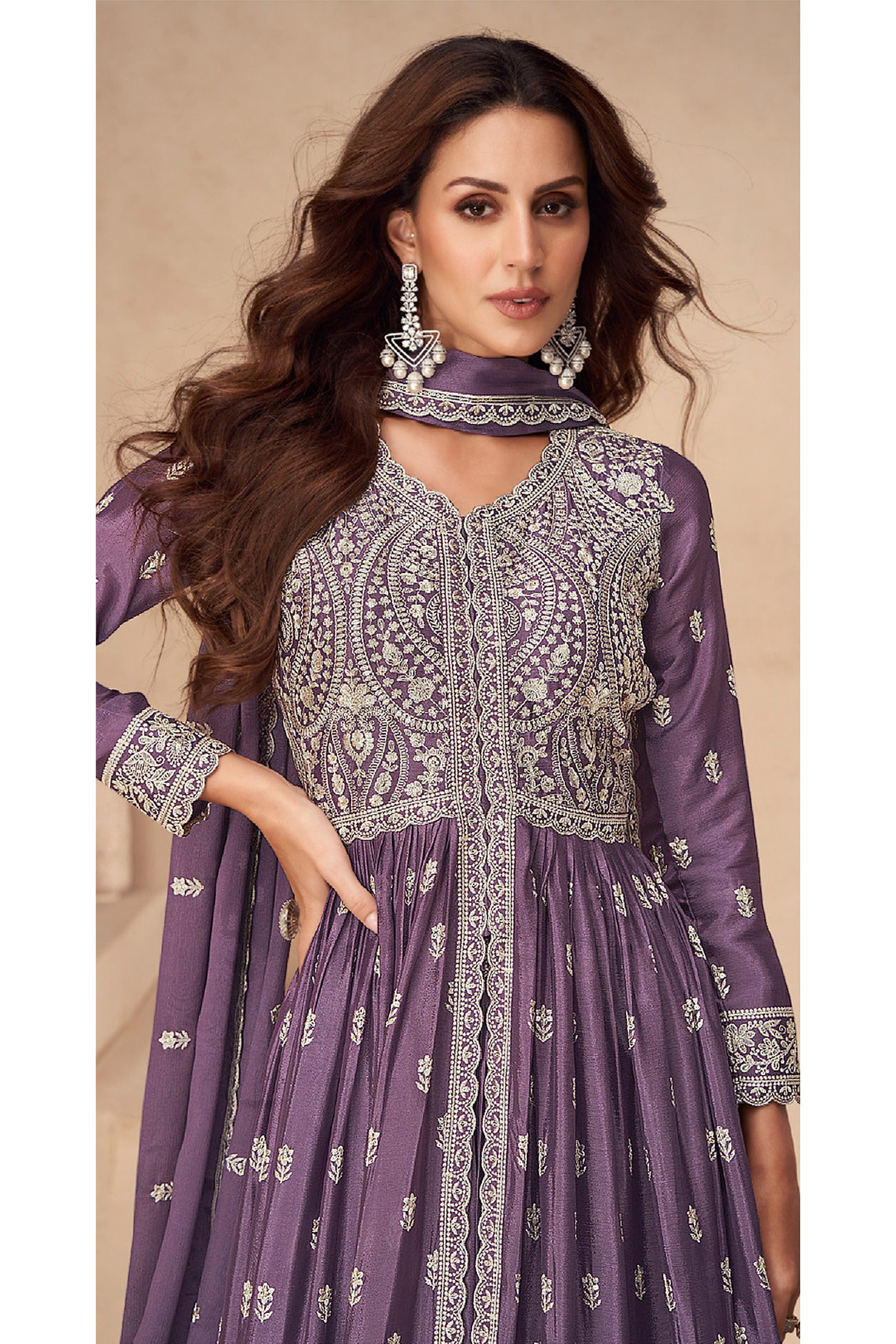 Party Wear Stitched Heavy Dull Santoon Lavender Anarkali Gown Dupatta 