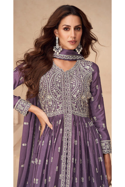 Party Wear Stitched Heavy Dull Santoon Lavender Anarkali Gown Dupatta 