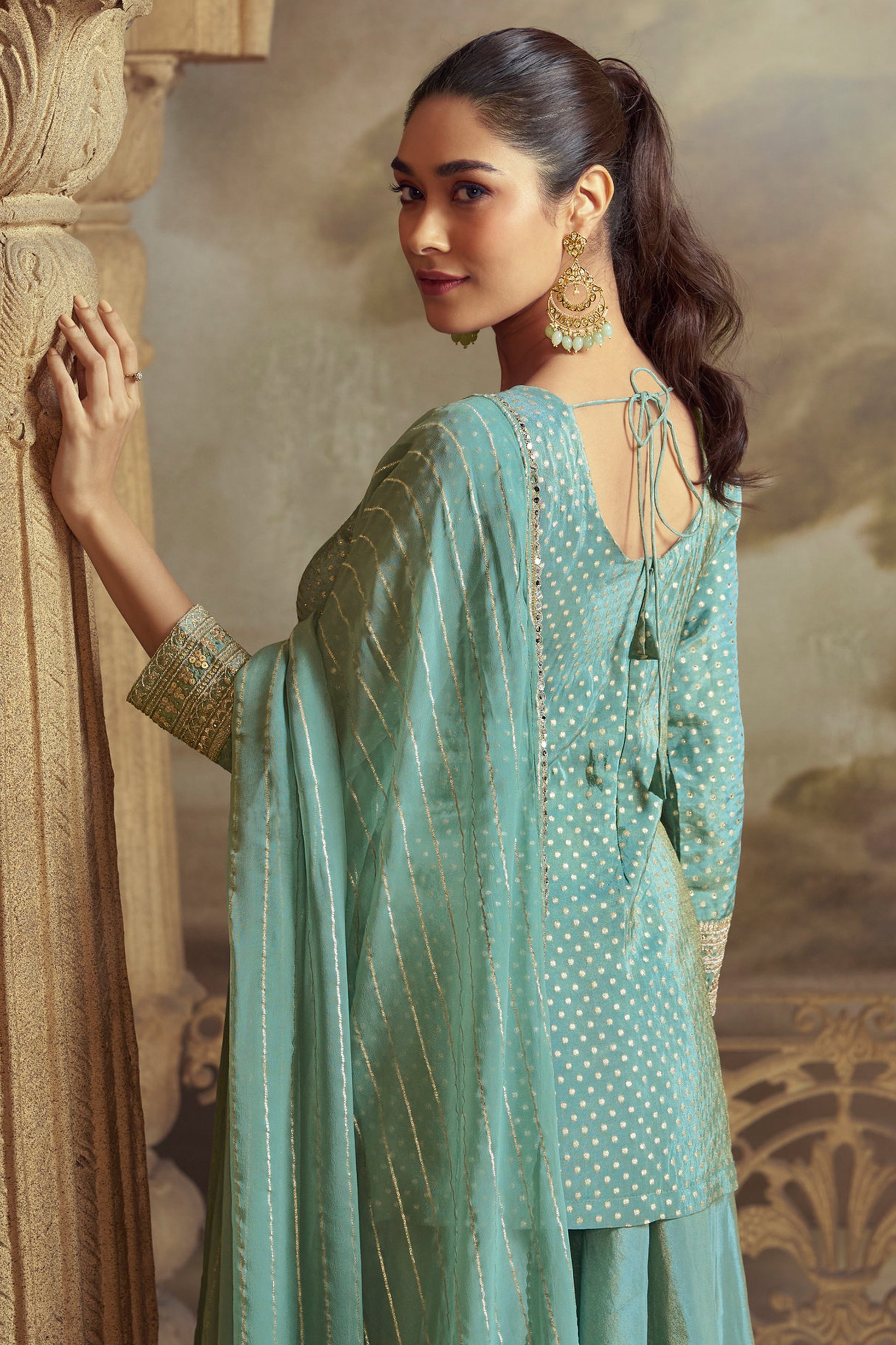 Western Palazzo Dress Readymade Dupatta Sky Blue / 2-US XXS (34)