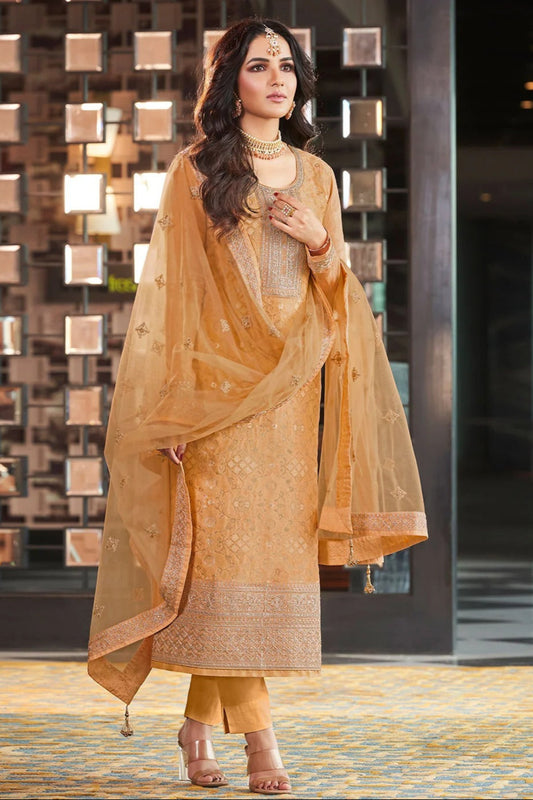 Yellow Golden Embroidered Salwar Kameez With Thread Work Ethnic Dress For Weddings and Parties
