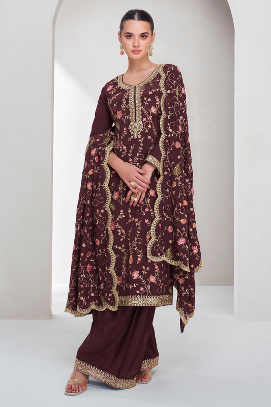 Brown Designer Traditional Look Party Wear Palazzo Suit 