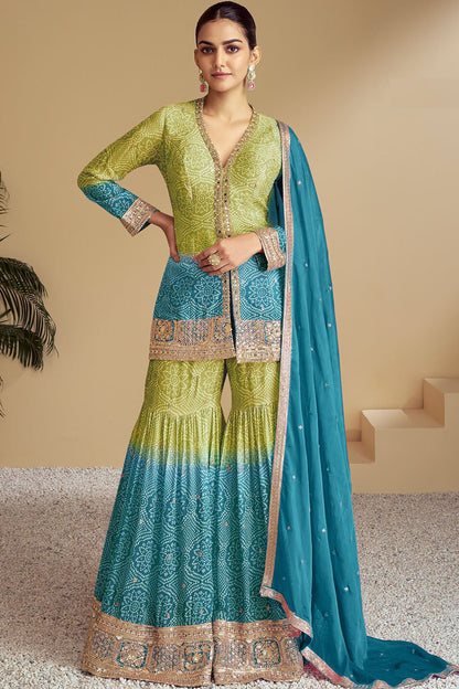 Pistachio green and blue sharara suits front full view