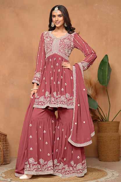 Sharara for wedding in light red with embroidery
