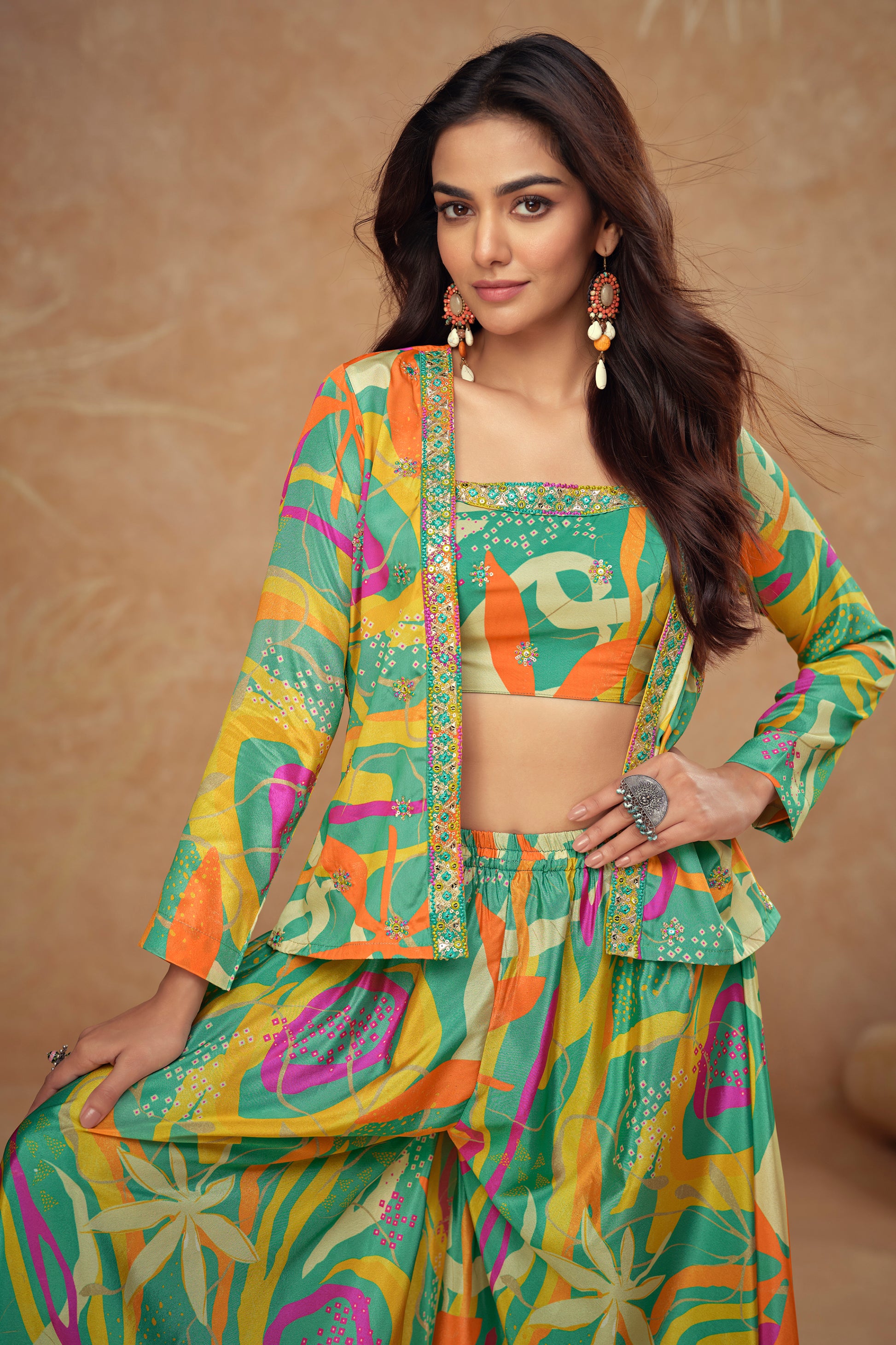 Elegant Party Wear – Real Chinon & Silk Shrug Palazzo Suits For Women 