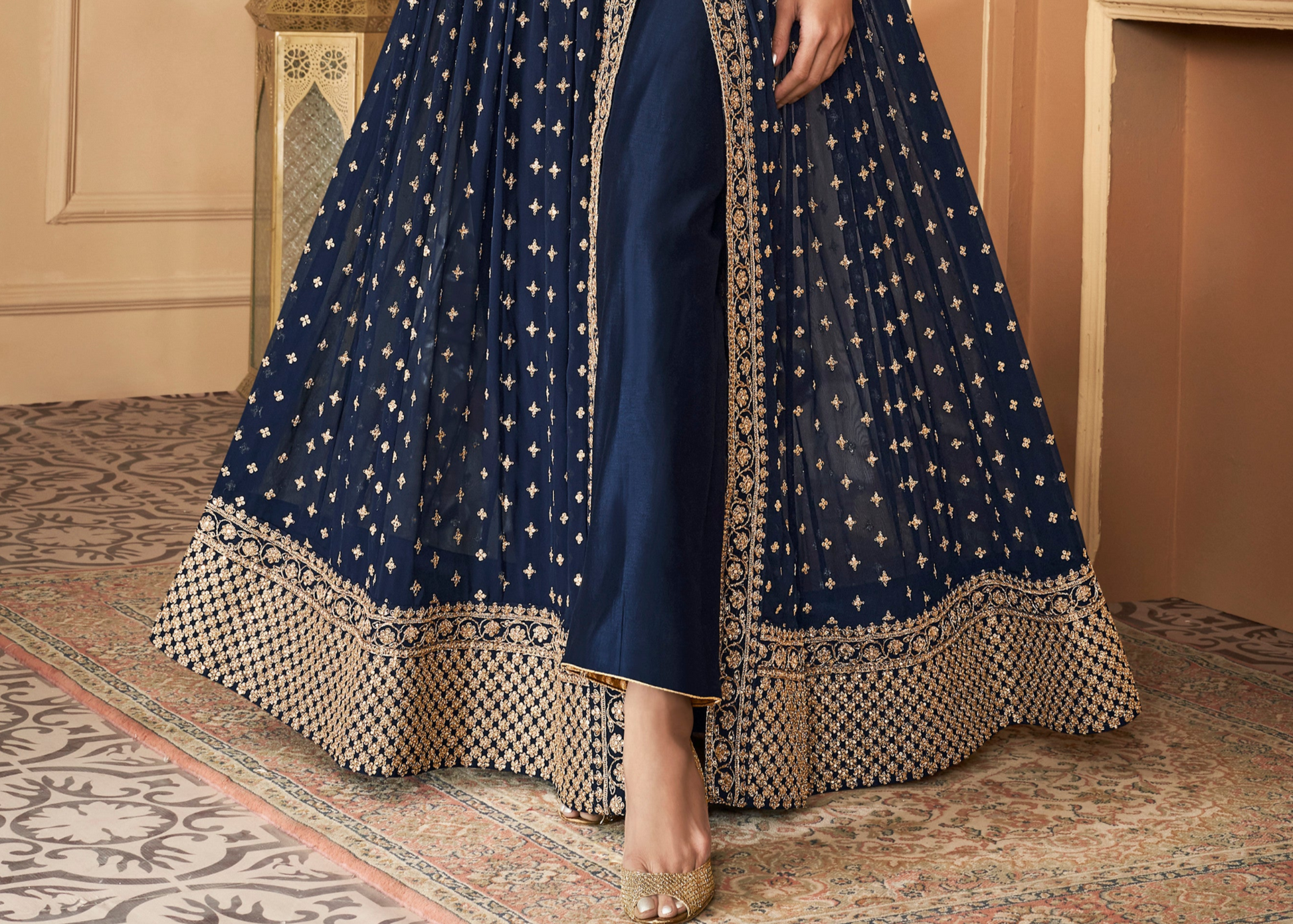open lace back dress Plus Size Anarkali Gown's Embroidery Worked Dress Blue / 14-US XXL (46)
