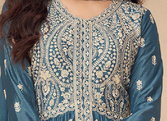 Embroidery Worked Stylish Heavy Dull Santoon Blue Anarkali Gown Dupatta Suits 	 