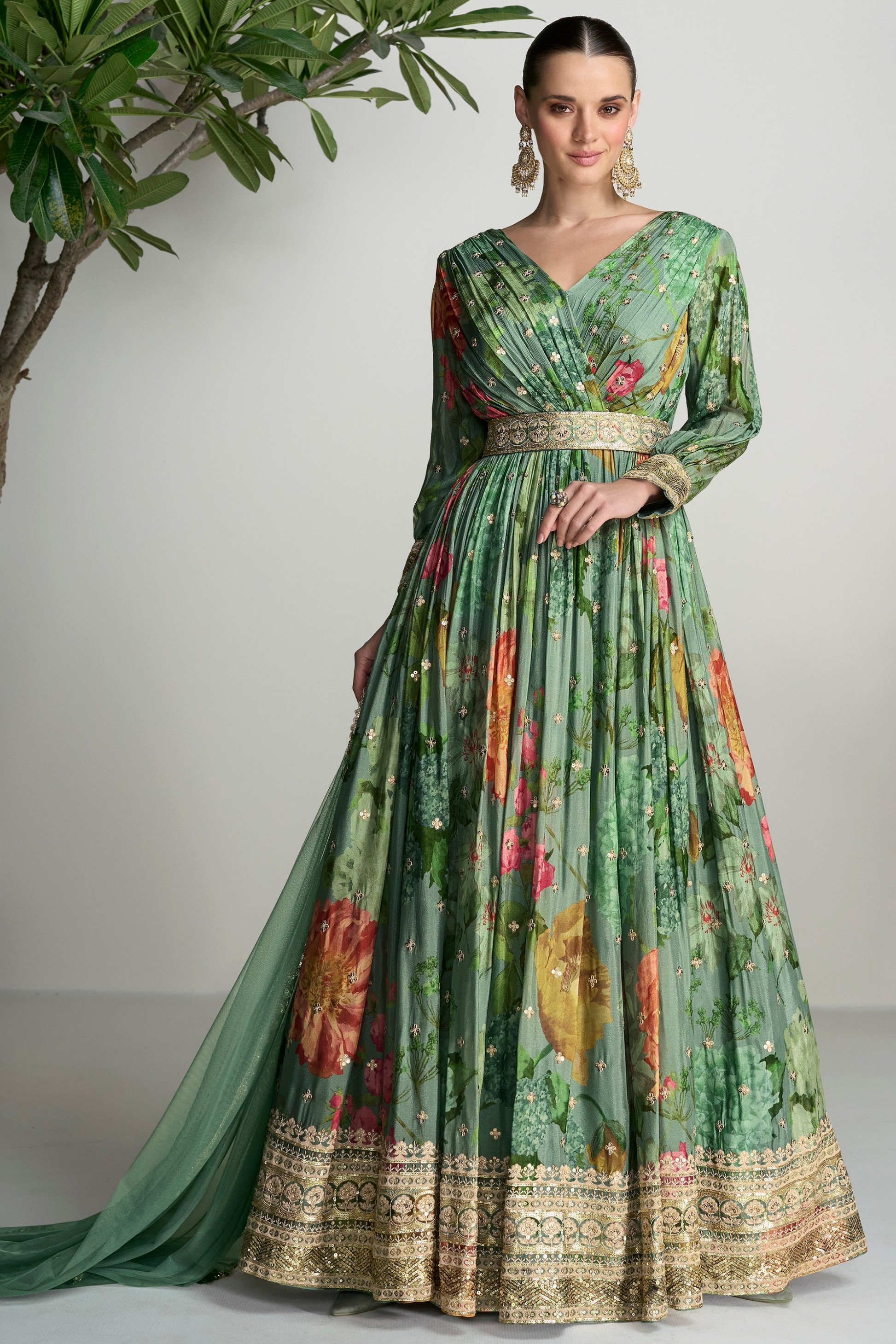 Stylish Stitched Long Chinon Silk Green Anarkali Dress With Dupatta For Party Wear 