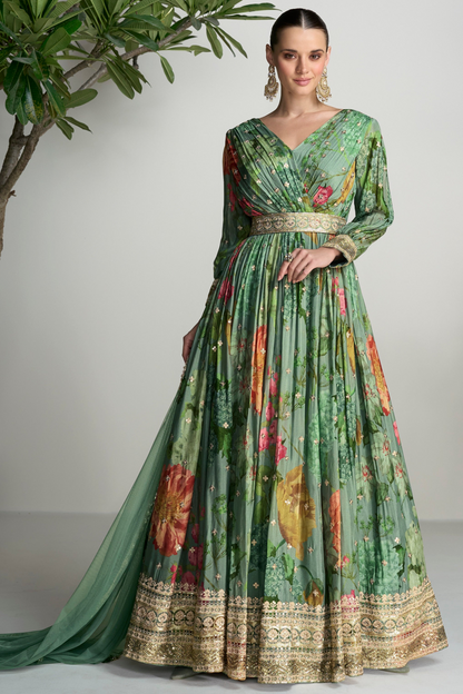 Stylish Stitched Long Chinon Silk Green Anarkali Dress With Dupatta For Party Wear 