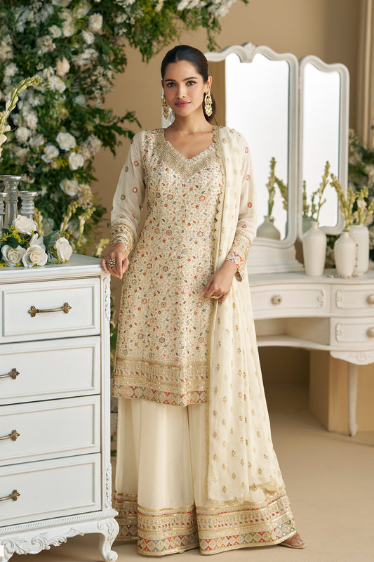 Off-White Embroidered Georgette Salwar Kameez Palazzo Set For Weddings