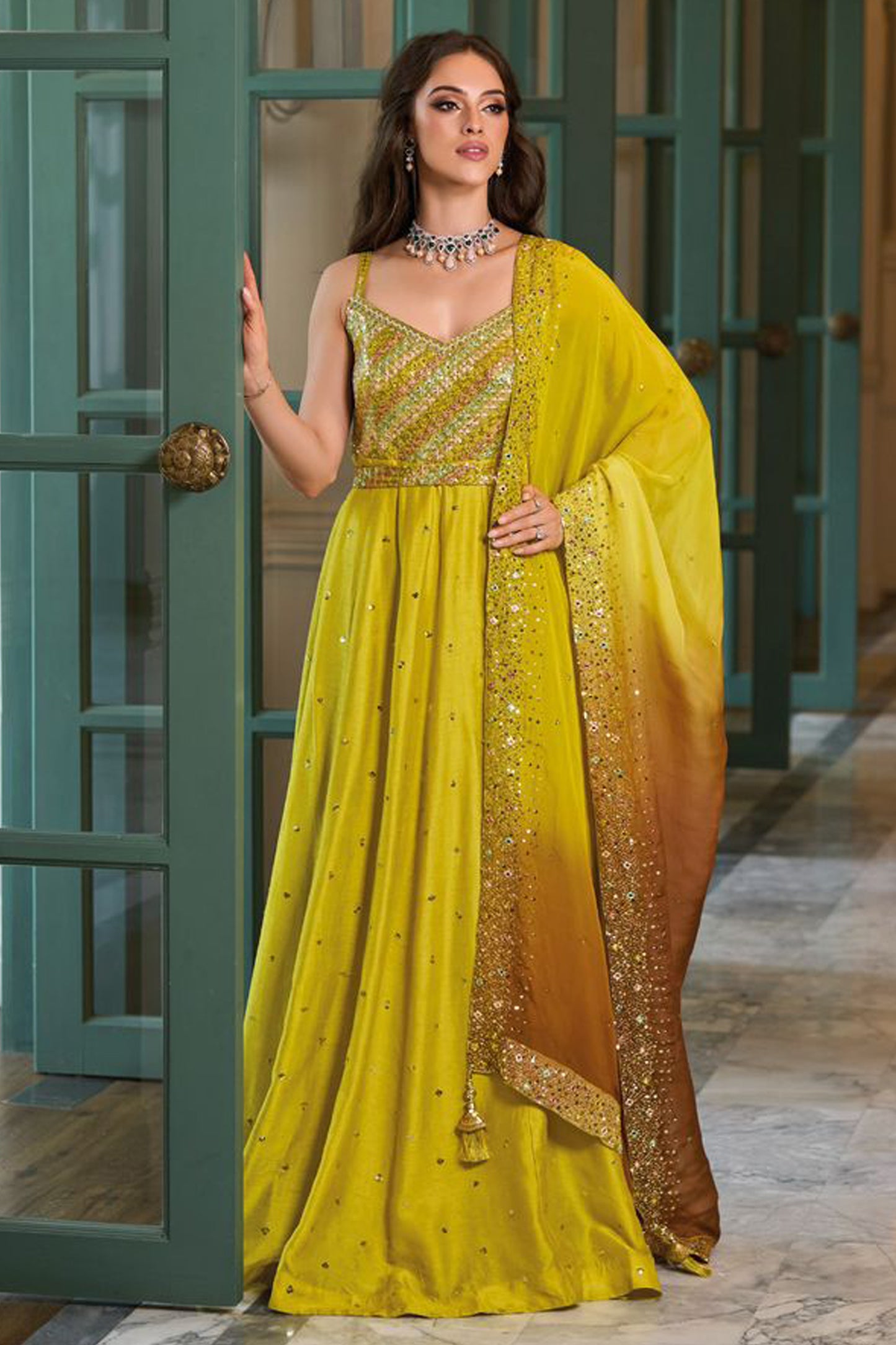 Haldi Ceremony Anarkali Gown With Dupatta Indian Wedding Dress USA