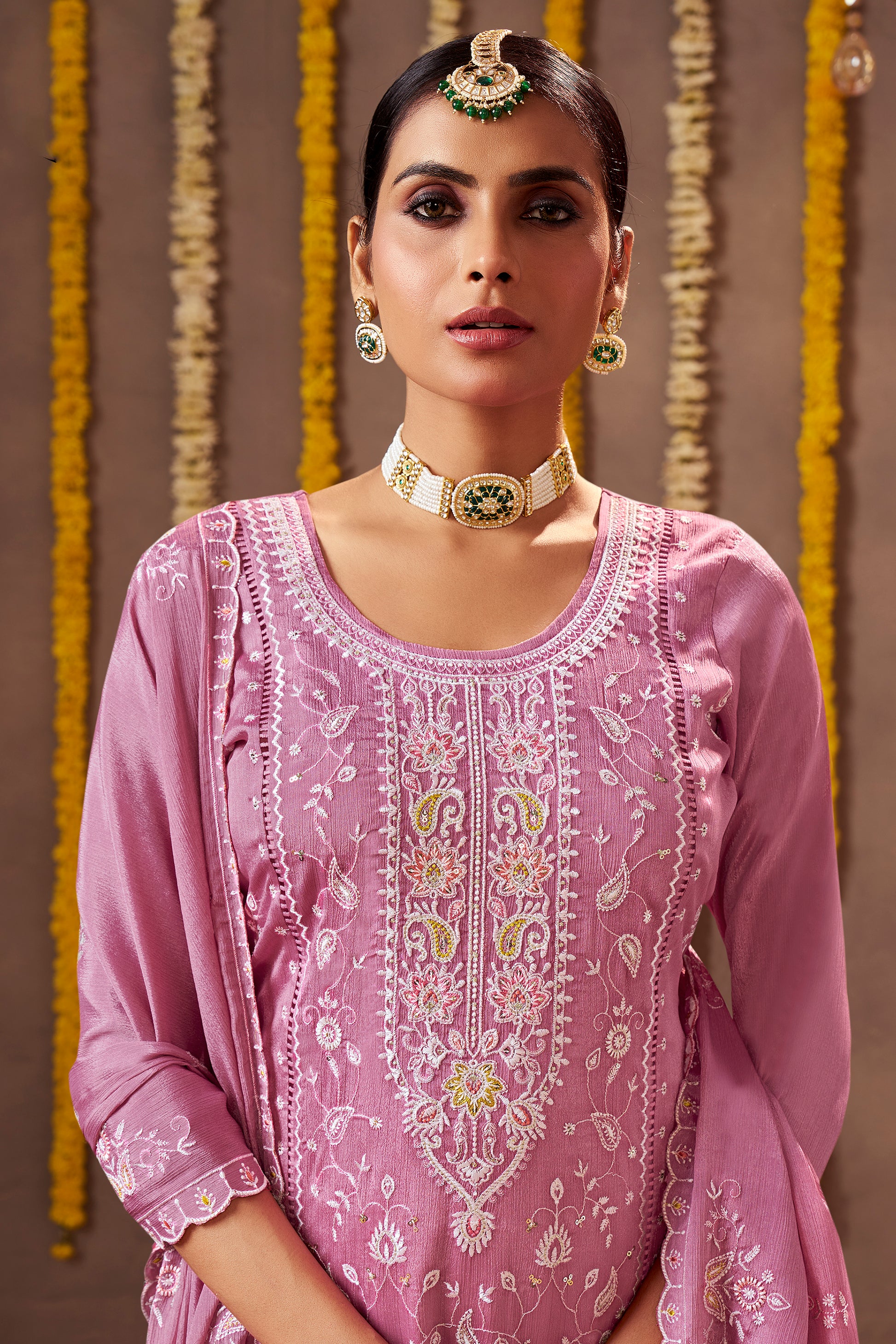 Stylish Plus Size Indian Designer Salwar Suit made from premium Chinon fabric.