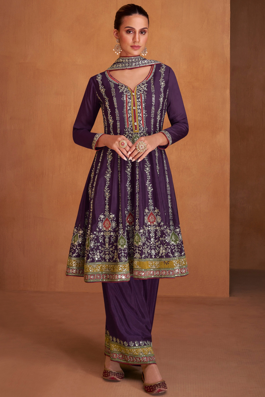 Gorgeous Designer Purple Chinon Silk Palazzo Suit 