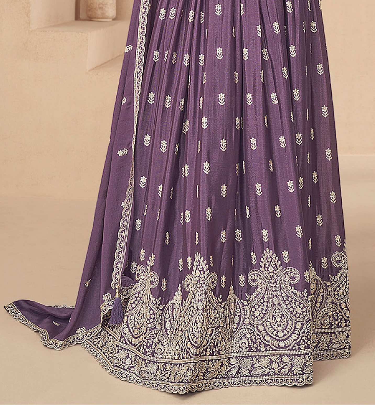 Party Wear Stitched Heavy Dull Santoon Lavender Anarkali Gown Dupatta 