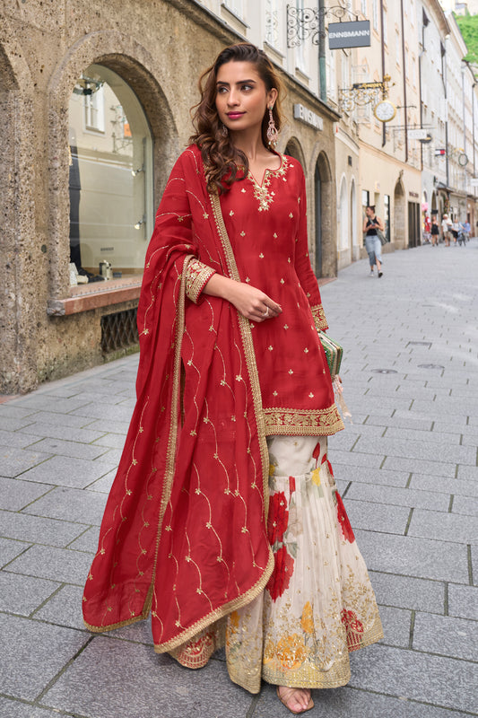 Red Chinon Palazzo Suit For USA 