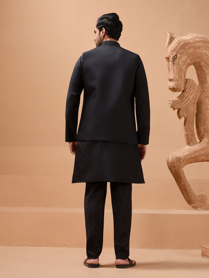 black kurta with koti featuring thread embroidery
