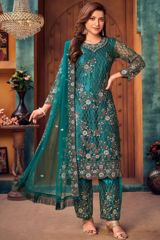Teal embroidered salwar kameez full front view