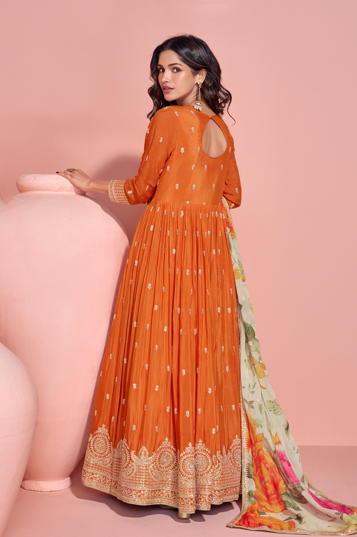 Orange Embroidery Worked Long Anarkali Printed Dupatta Dresses