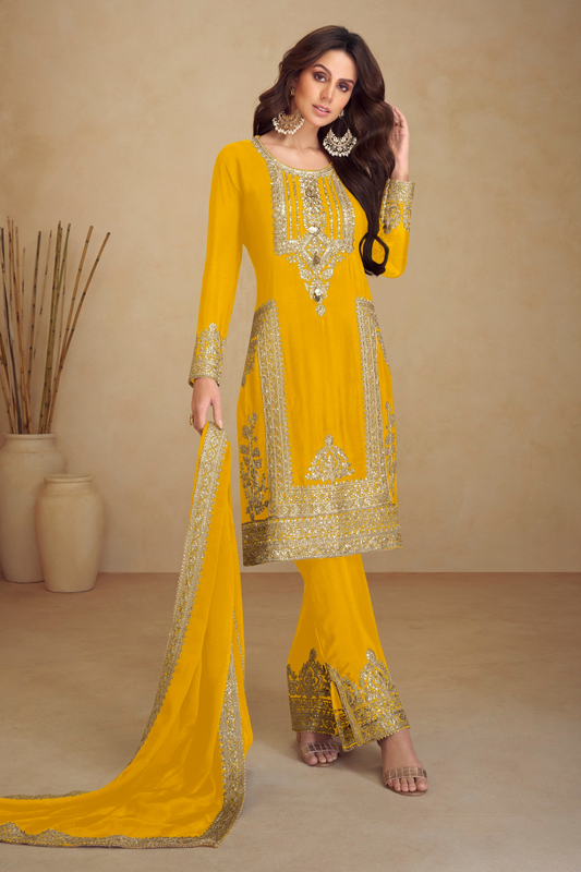 Yellow Embroidered Salwar Kameez Front View - Ready To Wear Indian Pakistani Suit 