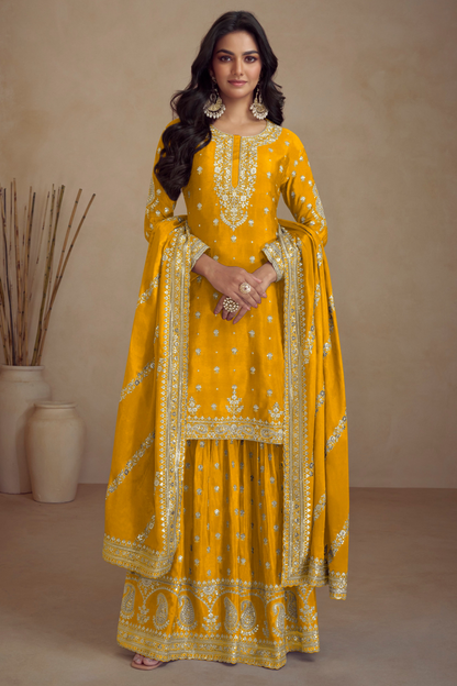 Yellow Embroidered Palazzo Suit With Dupatta - Designer Party Wear USA