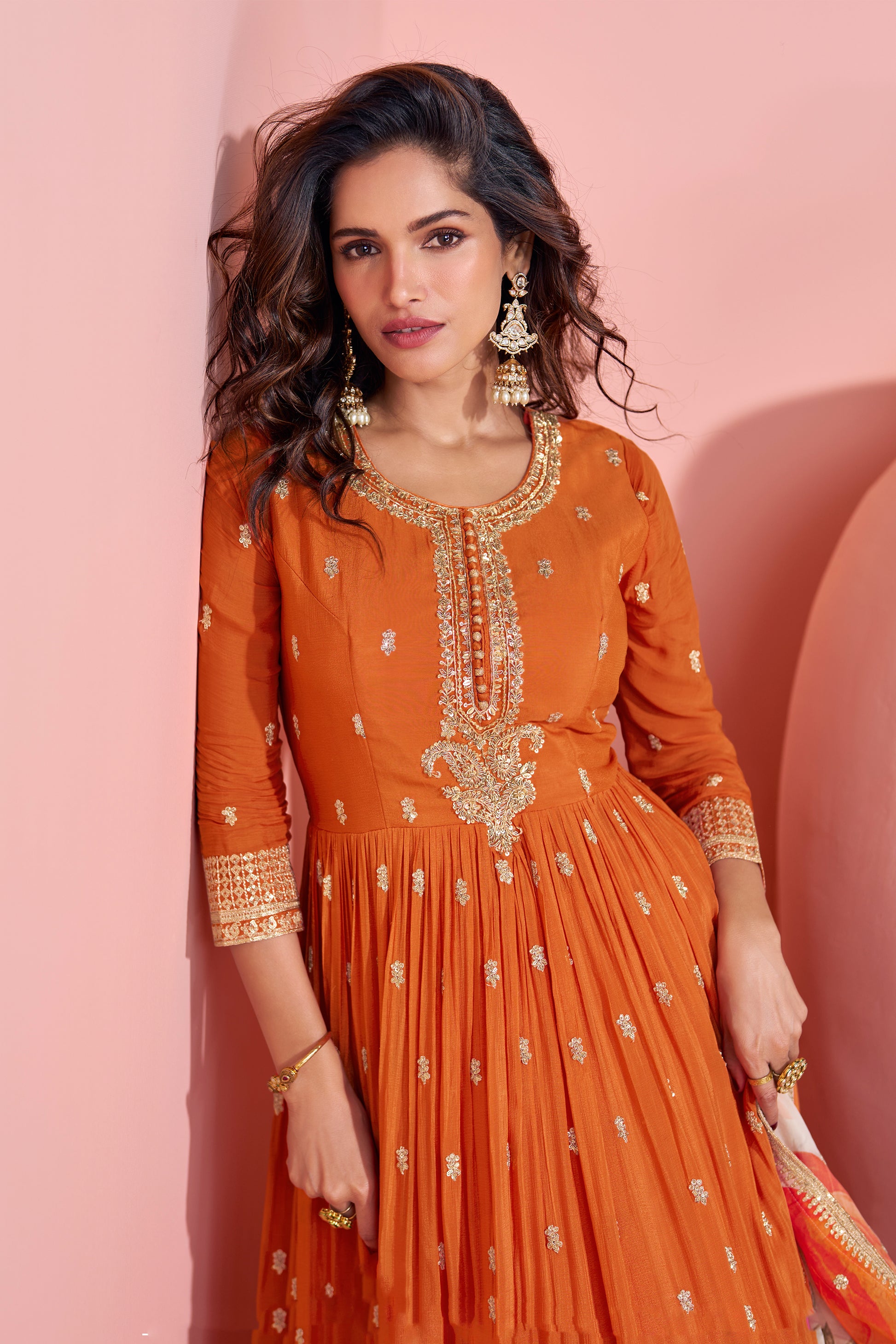 Orange Embroidery Worked Long Anarkali Printed Dupatta Dresses