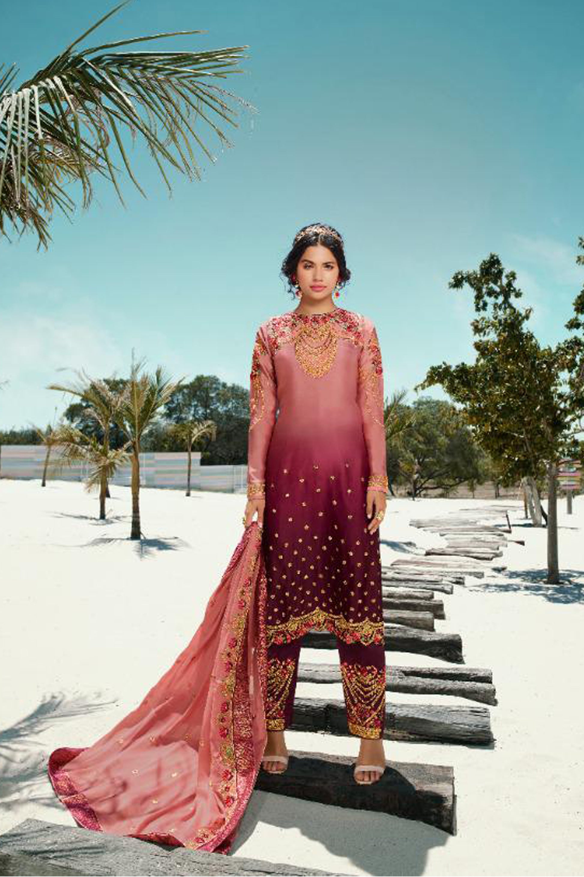 Wine and Pink Salwar Kameez with Embroidered Dupatta - Front View Plus Size Ethnic Wear