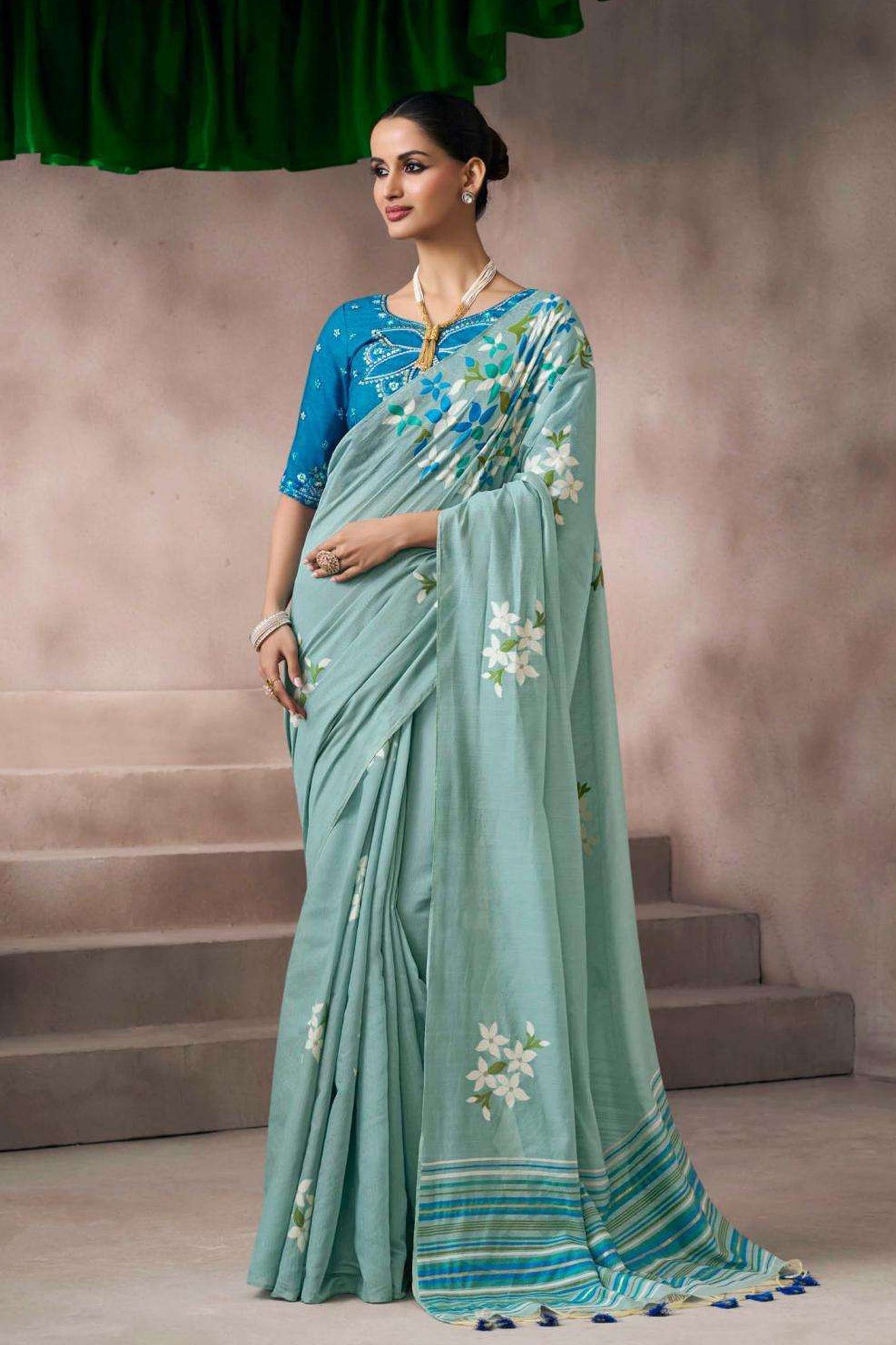 Blue Embroidered Silk Saree With Stitched Blouse For Indian Wedding Reception USA