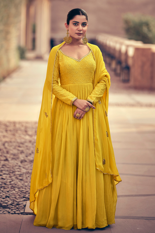 Yellow Anarkali Dress Embroidered Worked Full-Length Chinon Silk Gown