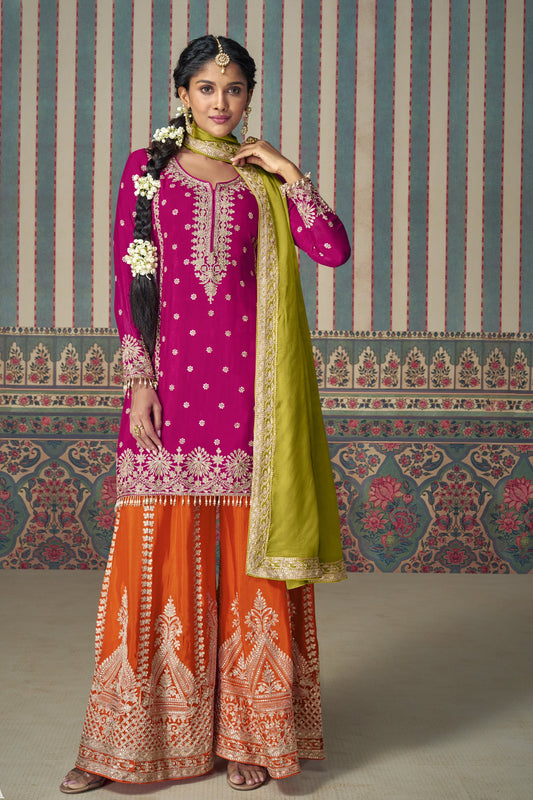 Pink Embroidered  wedding Ethnic style Palazzo Suit 