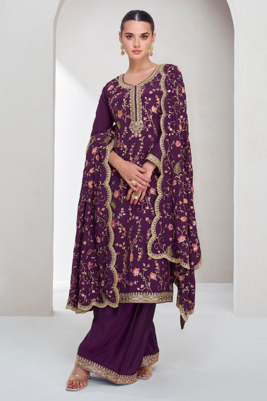 Wine Floral Design Traditional Look Palazzo Suit 