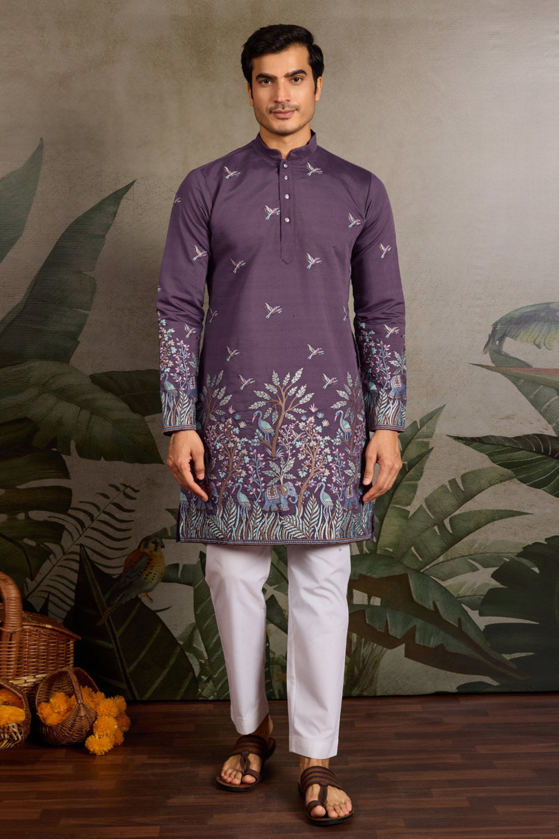 Men's blue kurta pajama with purple embroidery wedding look