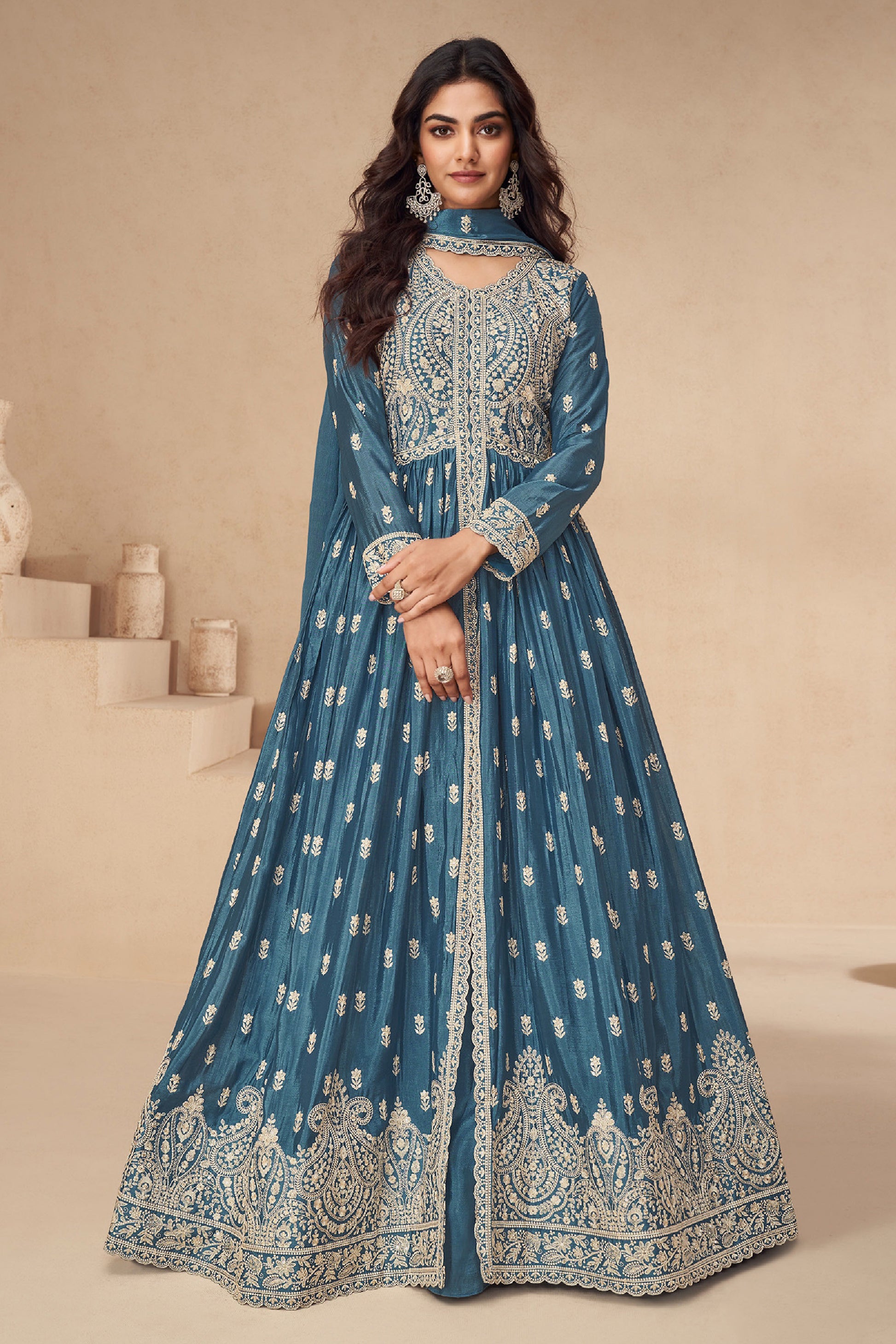Embroidery Worked Stylish Heavy Dull Santoon Blue Anarkali Gown Dupatta Suits 	 