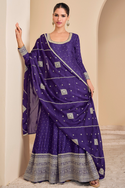 Purple Embroidered Indian Pakistani Anarkali Gown With Dupatta For Her