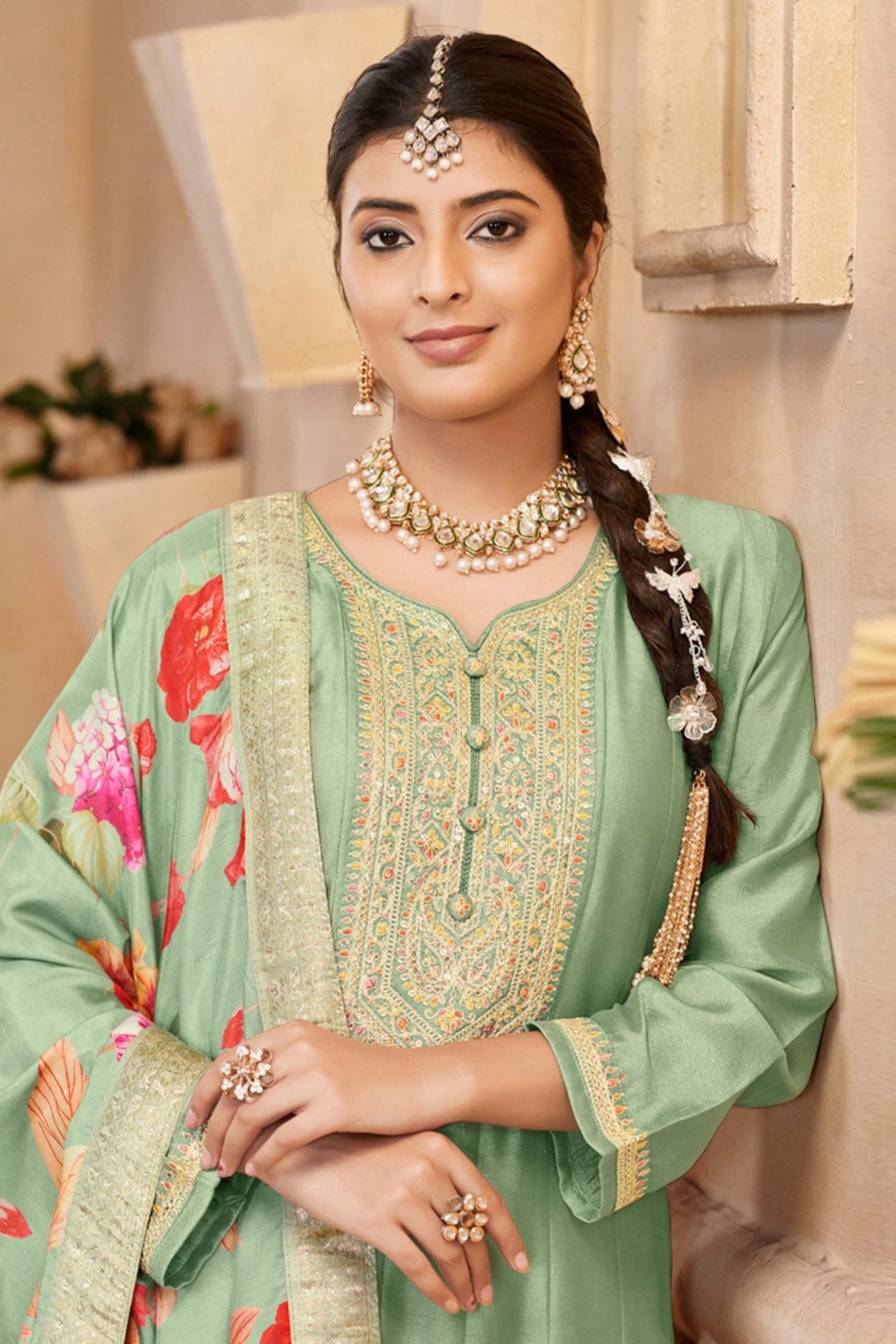 Green Anarkali Gown Silk Suits With Dupatta For USA Weddings