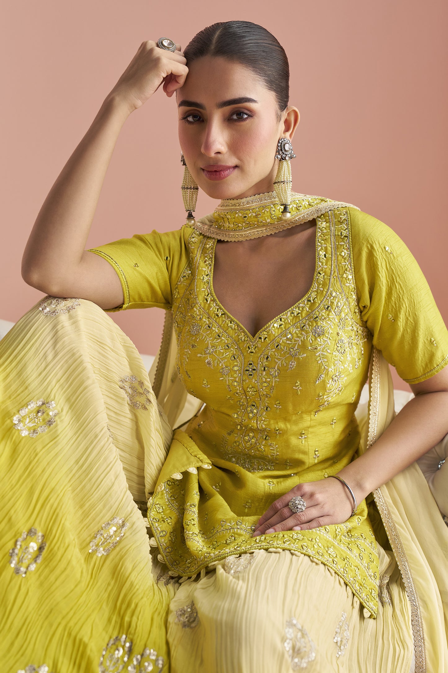 Traditional Wear Light Yellow color plazzo with Embroidered Work Dupatta
