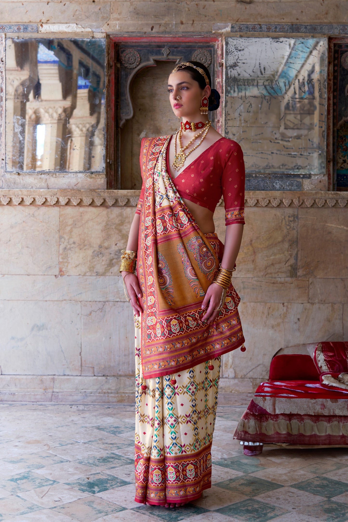 Cream Silk Designer Embroidered Saree With Red Blouse - Indian Wedding Saree USA