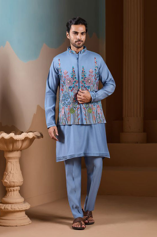 Men’s Blue Kurta Pajama With Sequins And Embroidery