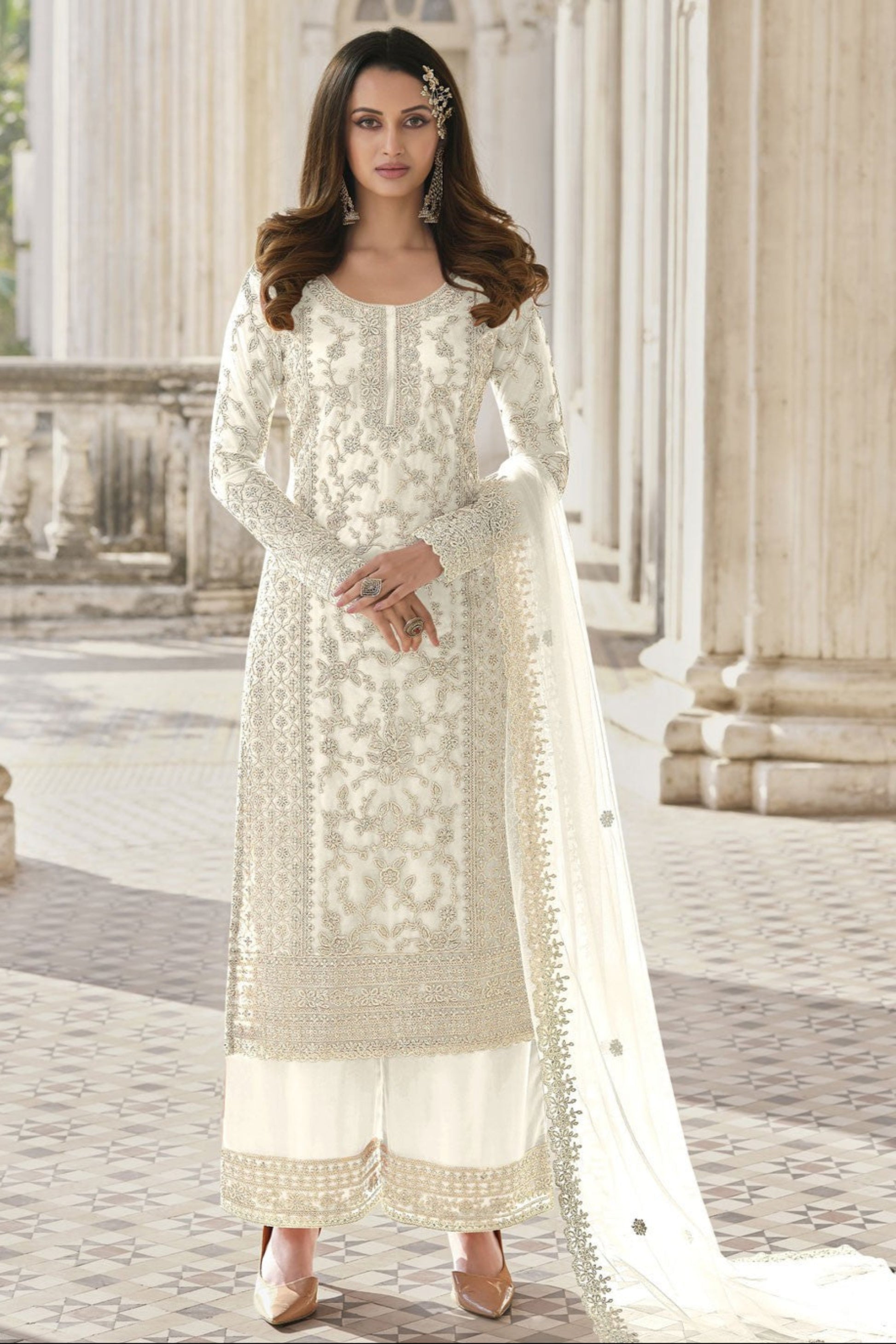 White Stitched Salwar Kameez Dupatta Dress for Women's 