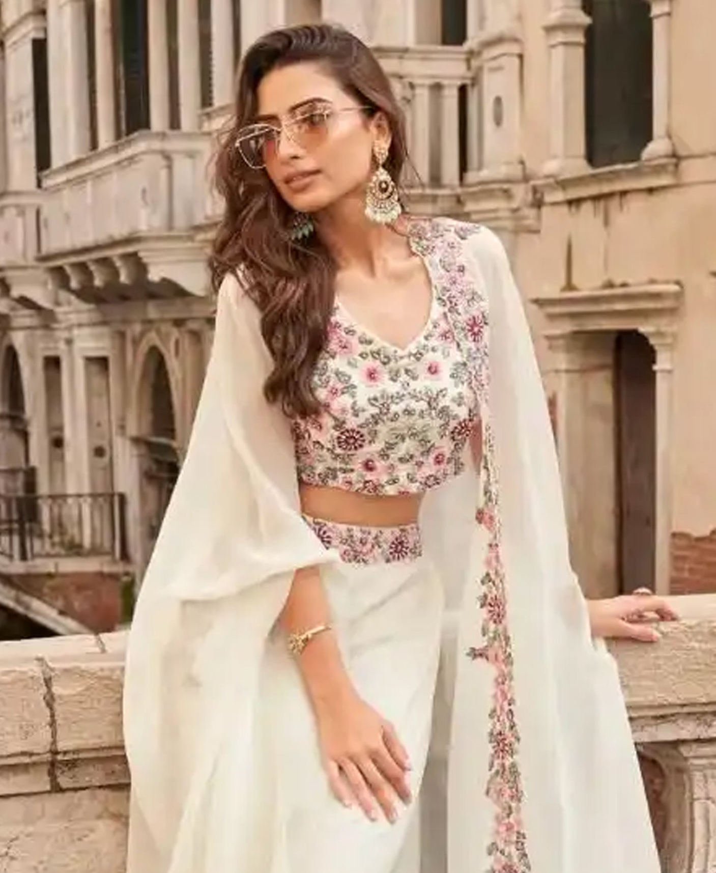Elegant White Embroidered Shrug Style Palazzo Suit Set
