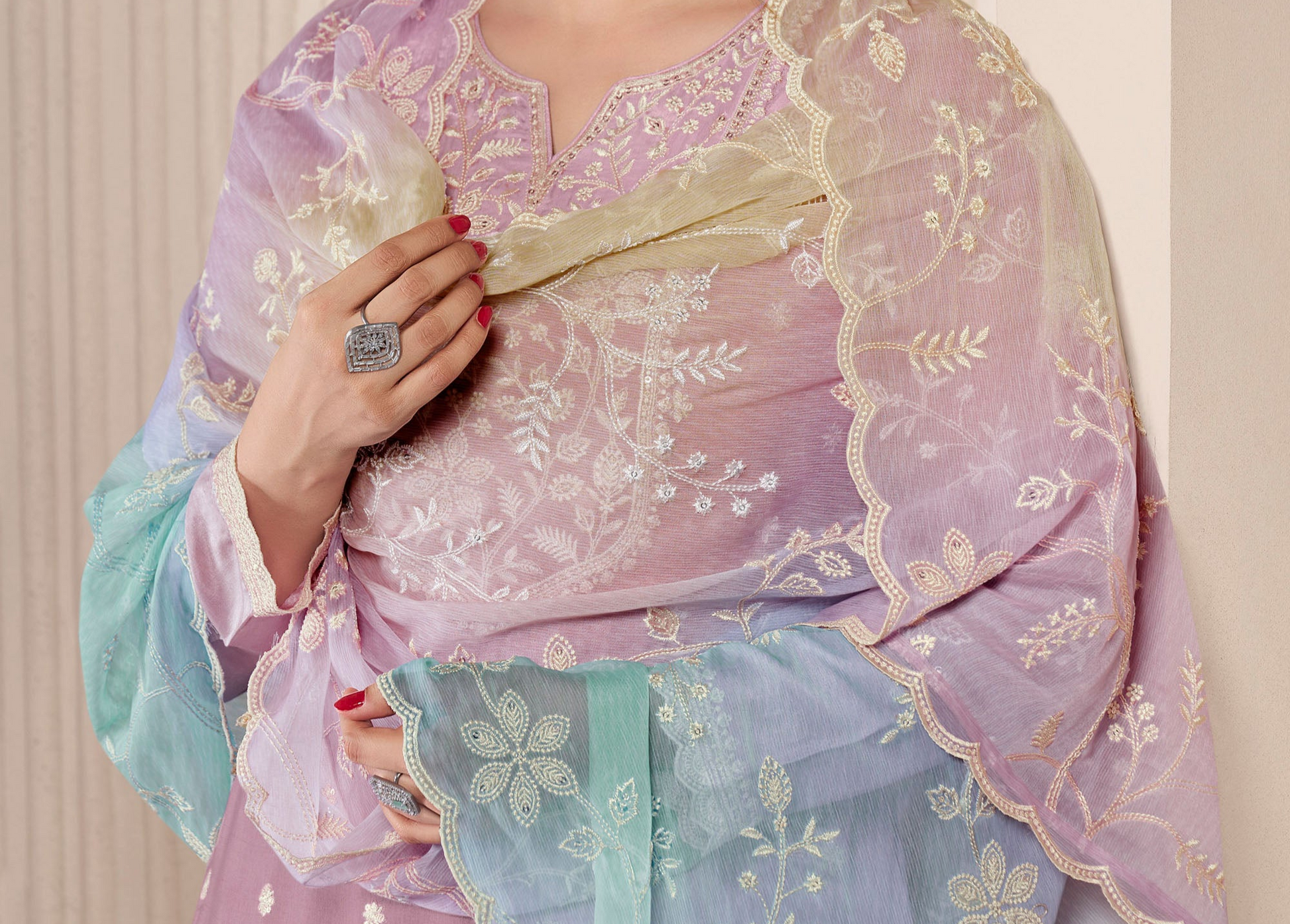 Chiffon layer detailing on lavender salwar suit