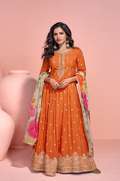 Orange Embroidery Worked Long Anarkali Printed Dupatta Dresses