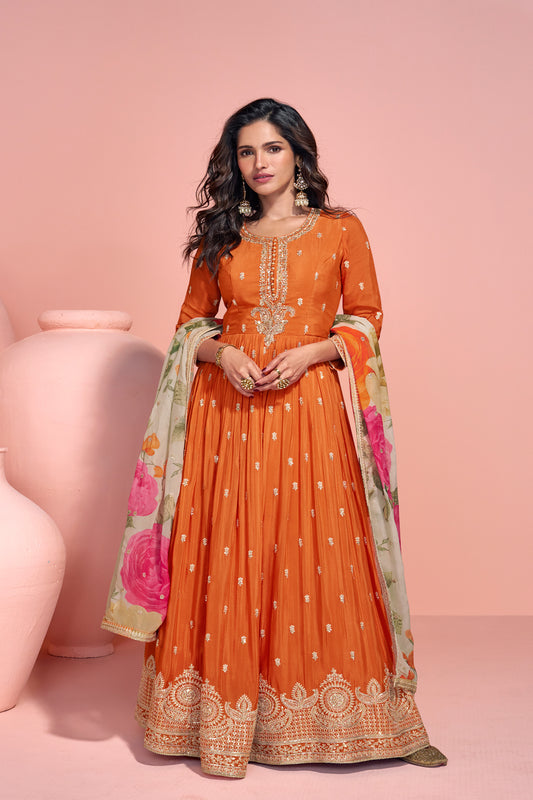 Orange Embroidery Worked Long Anarkali Printed Dupatta Dresses