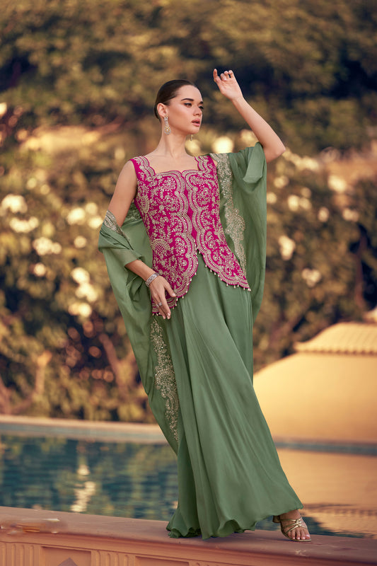 Sage Green Designer Silk Suit With Matching Dupatta For Party Wear