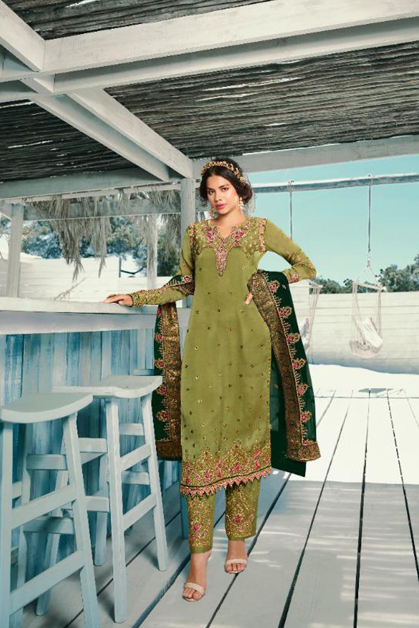 Plus size pistachio green salwar kameez front view
