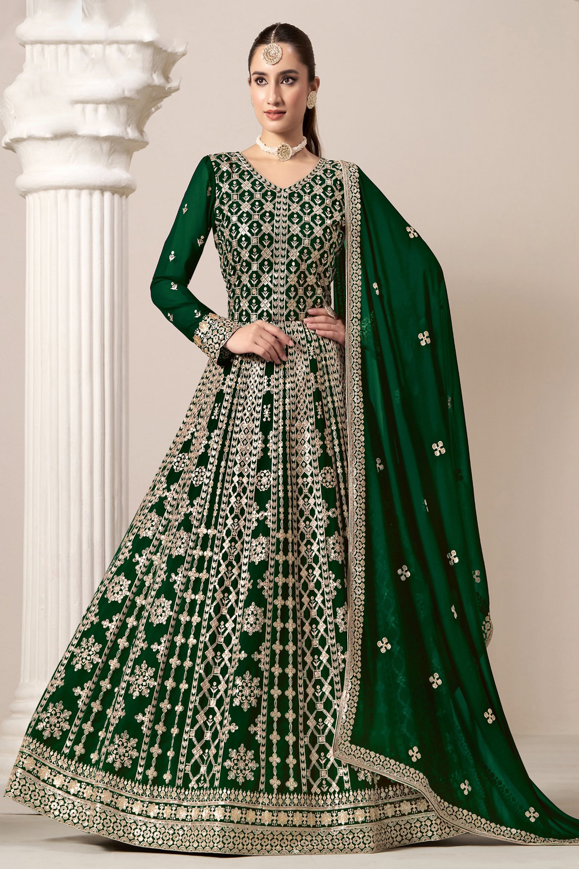 Green Anarkali Suit Embroidery Worked Dupatta Suit for USA Women's