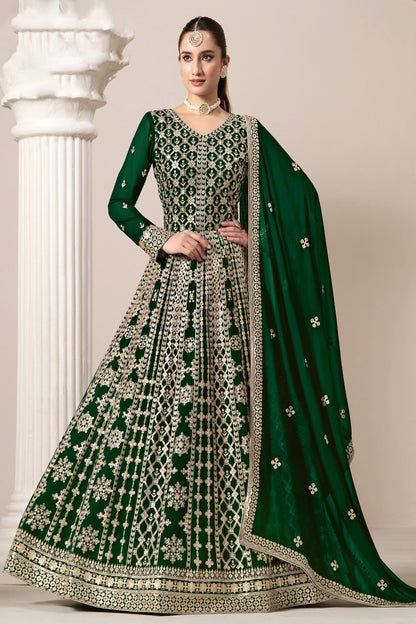 Green Anarkali Suit Embroidery Worked Dupatta Suit for USA Women's